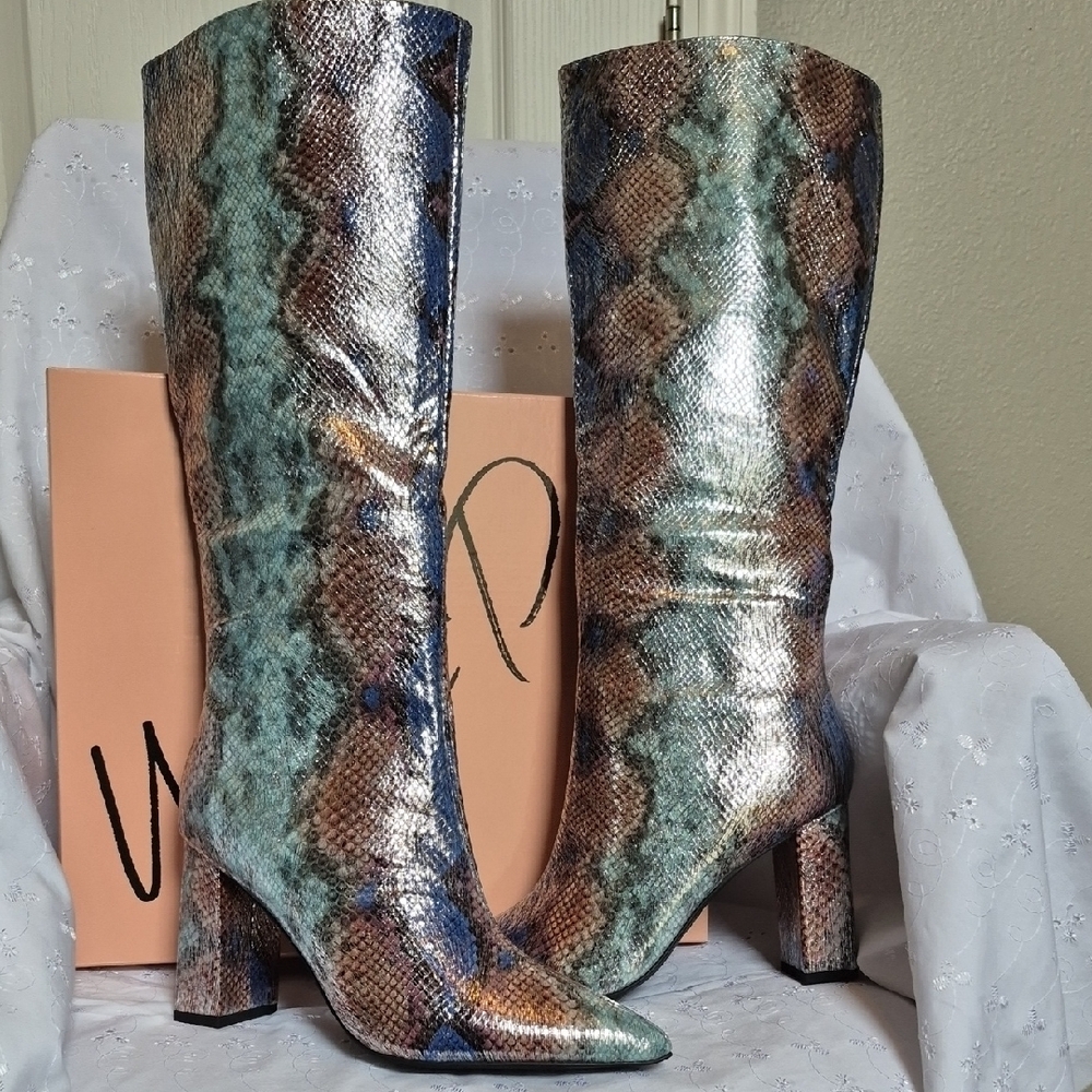 Wild Pair Multicolor Snakeskin Heeled Knee High Boots